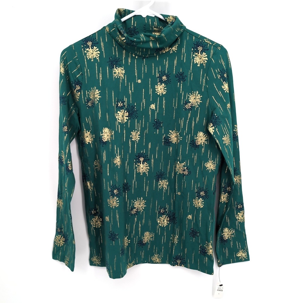 Talbots Turtleneck Top Green Gold Metallic Starburst Holiday Long Sleeve Women S